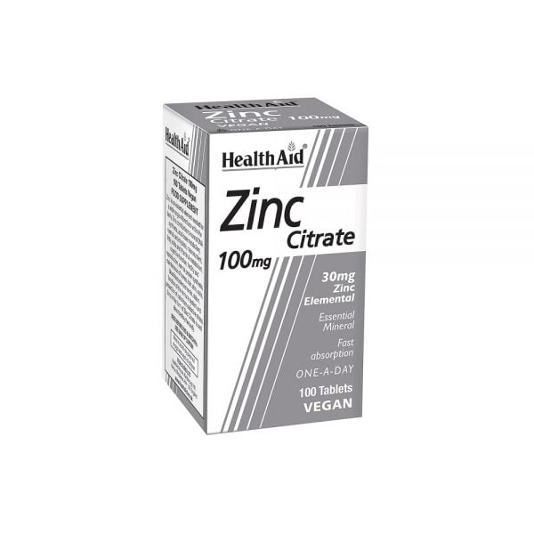 Health Aid Zinc Citrate 100mg Vegan 100 Tablets