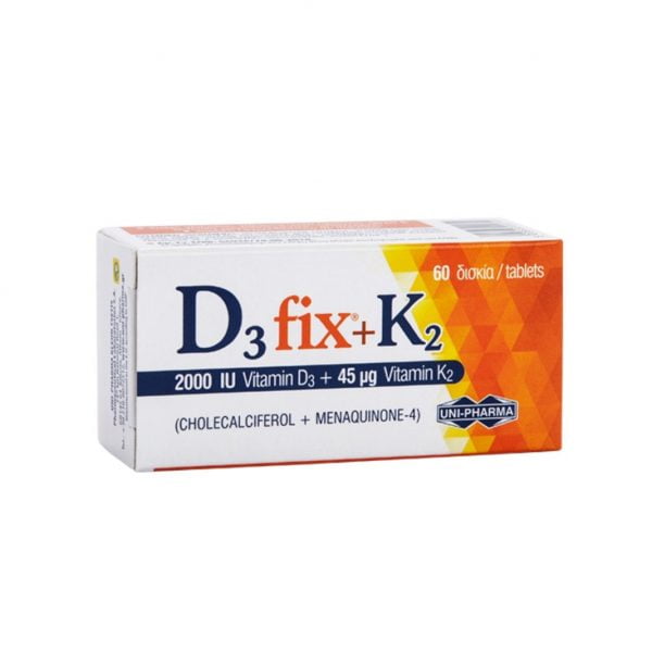UniPharma D3 Fix + K2 Vitamin D3 2000iu + Vitamin K2 45μg 60 Tablets