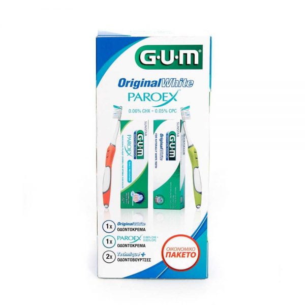 Gum 1 Original White Toothpaste 75ml & 1 Paroex 0.06%CHX+0.05%CPC Toothpaste 75ml & 2 Technique+ Toothbrushes